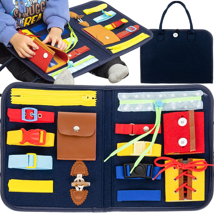 Carte senzoriala cu activitati din fetru, Zola®, Montessori, 14 elemente, multicolor, 28 x 33 x 2 cm