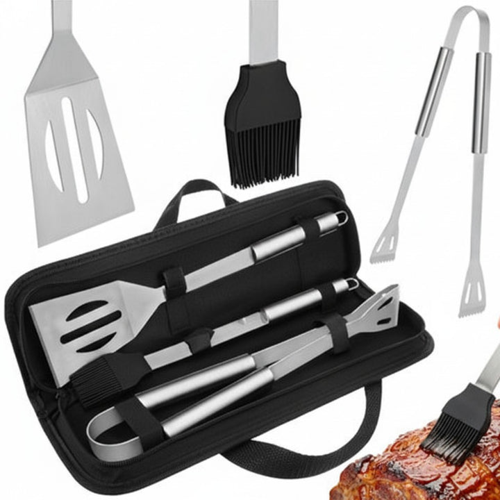 Set ustensile gratar 3 piese, Zola, cleste, spatula, pensula, otel inoxidabil, geanta transport, argintiu/negru