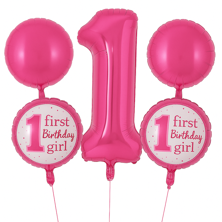 Set 5 baloane aniversare, Zola, " First birthday girl", diferite marimi, folie, roz