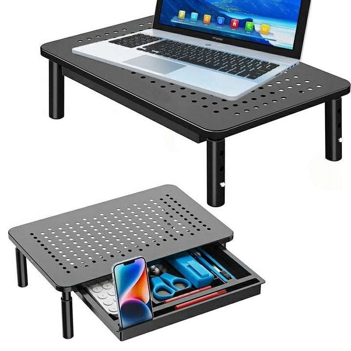Masuta pentru laptop, Zola, 37 x 23.5 x 10.5 cm, blat perforat, inaltime reglabila, sertar, neagra
