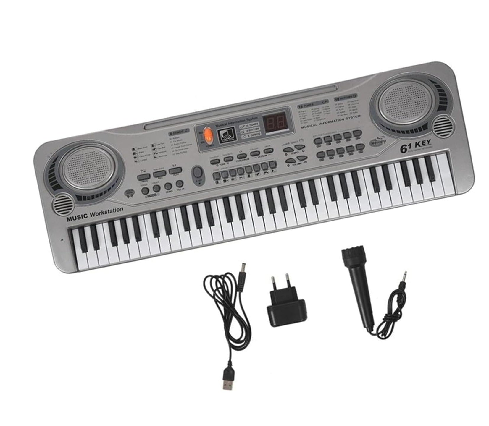 Orga electronica cu microfon, Zola, 61 clape, 1 difuzor, 6 melodii, inregistrare, redare si editare, volum si tempo reglabile, 54 x 17 x 5 cm, gri