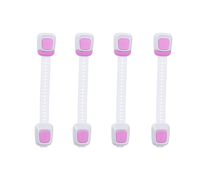 Set 4 sigurante copii, Zola®, pentru blocare usi, cu buton, din plastic, 24.5x4.3x2 cm, alb/roz