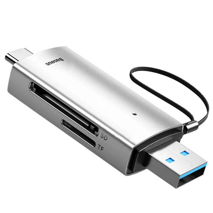Cititor card de memorie Baseus, compatibil micro SD, SD, TF, USB 3.0 si USB Type-C, capacitate citire până la 128 GB, gri