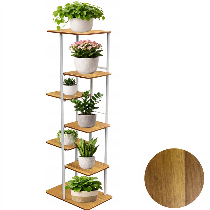 Suport pentru ghivece de flori, Zola, 7 niveluri, stil loft, cadru metal, blaturi MDF, 120 x 36 x 23.5 cm, alb / lemn