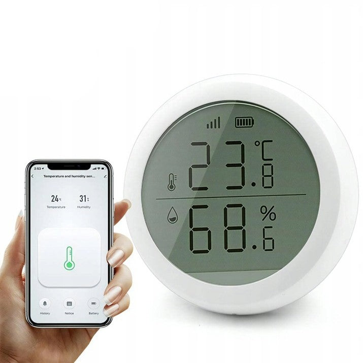 Senzor smart de temperatura si umiditate, Zola, wireless, afisaj LCD, control la distanta prin aplicatia TUYA Smart, alimentare baterii, autoadeziv, alb