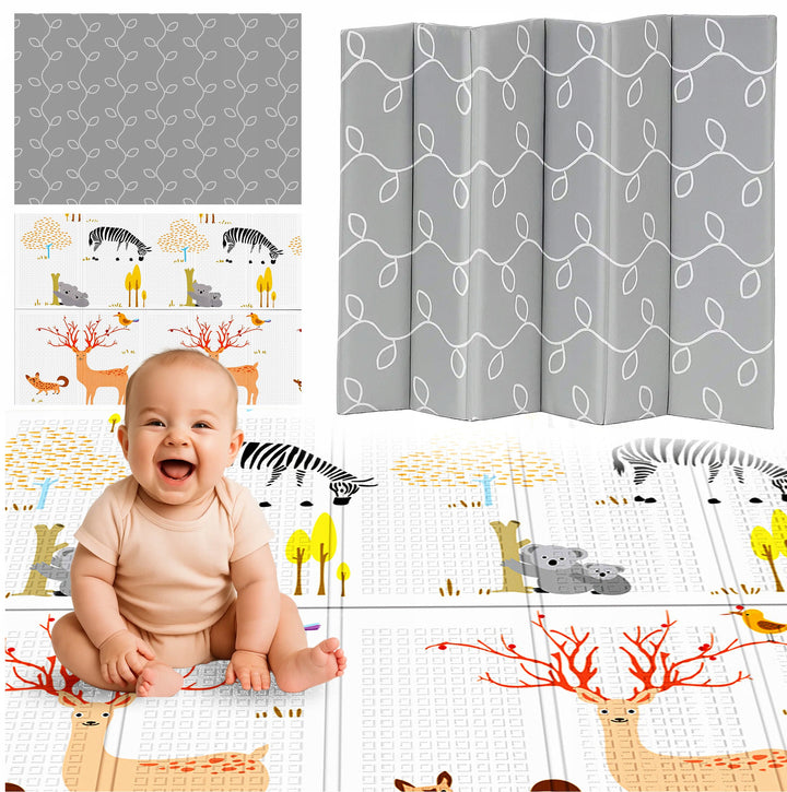 Covoras termoizolant de joaca cu 2 fete, Zola, spuma XPE, grosime 10 mm, 200 x 180 cm,  pliabil, impermeabil, frunze/animalute