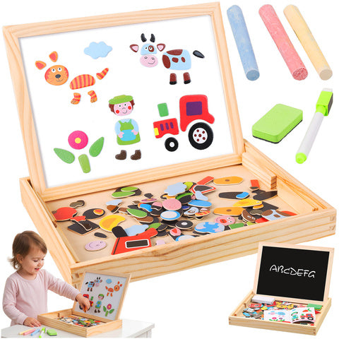 Tabla magnetica educationala 2 in 1, Zola, 108 piese, magnetica, marker, creta, buretel, 30.5 x 23.5 x 3.5 cm, cutie de lemn