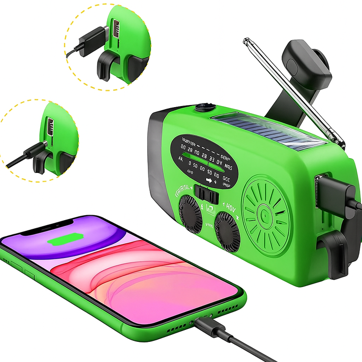 Radio multifunctional 3 in 1 portabil, Zola, lanterna LED, incarcare solara/manuala/USB, functie de incarcare a telefonului mobil, rezistenta la apa, 2000 mAh, AM/FM, 130 x 60 x 45 mm, negru/verde
