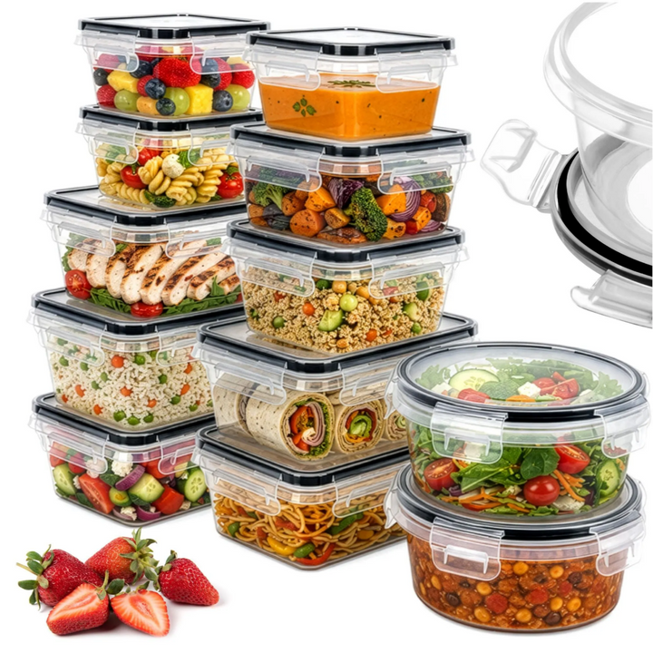 Set 12 caserole alimentare, Zola,  350-1000 ml, dreptunghiulare si rotunde, fara BPA, PP, pentru microunde, congelator si masina de spalat vase