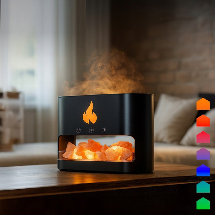 Difuzor aromaterapie efect semineu, Zola, 250 ml, 15-20 ml/h, 10 W, lumini LED, temporizator, USB, 13 x 8.5 x 19 cm, negru