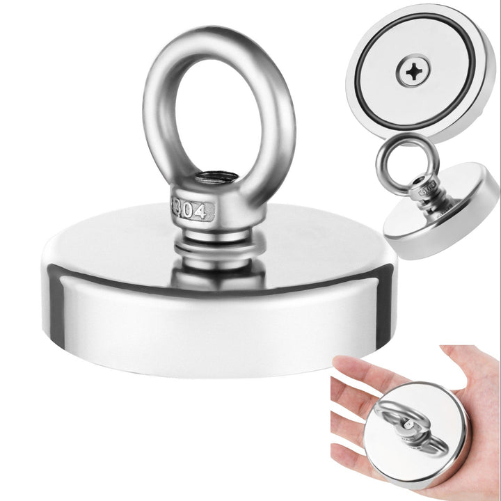 Magnet puternic pentru pescuit cu inel, Zola, neodim, forta de tractiune 110 kg, diametru 4.8 cm, inaltime 4.8 cm,  ideal pentru cautari subacvatice, argintiu