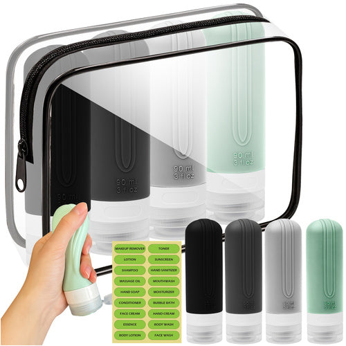 Set 4 recipiente de calatorie,  Zola, capacitate 90 ml, inchidere etansa, autocolante incluse, geanta depozitare, PVC/silicon