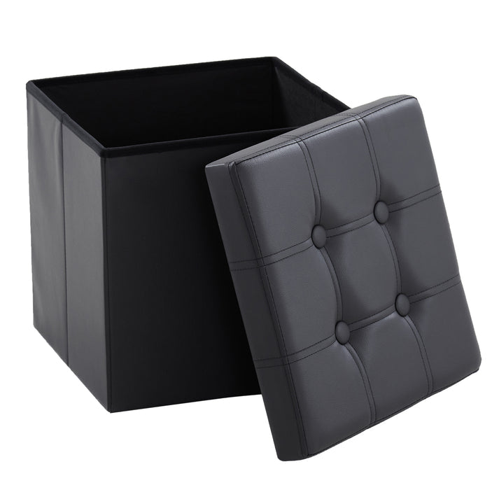 Taburet pliabil cu spatiu de depozitare, Zola, capacitate 39 l, 38 x 38 x 38 cm, greutate maxima suportata 100 kg, impermeabil, MDF, piele ecologica, gri inchis