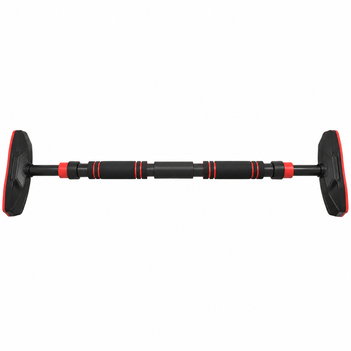 Bara de tractiuni, Zola, reglabila 65-100 cm, suporta 180 kg, fixare tocul usii, manere din neopren, capete antiderapante, negru/rosu