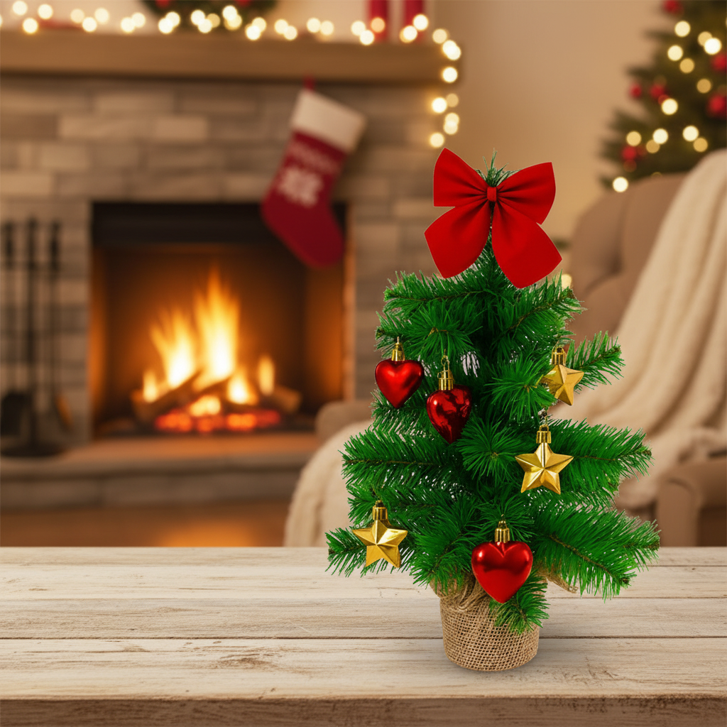 Bradut de Craciun decorativ, Zola, 45 x 25 cm, globuri rosii si aurii, fundita