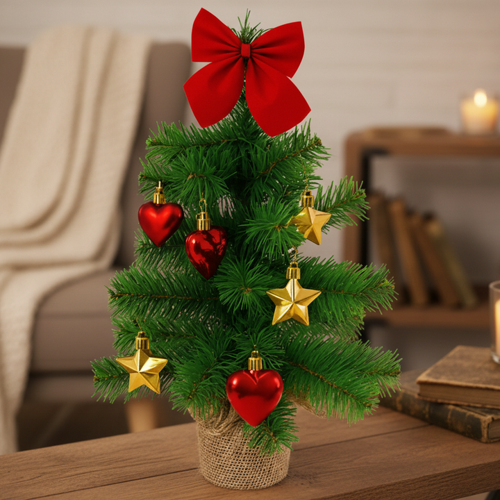 Bradut de Craciun decorativ, Zola, 45 x 25 cm, globuri rosii si aurii, fundita