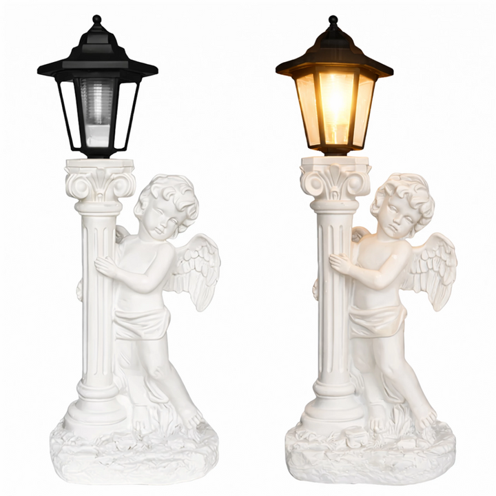 Lampa Led solara pentru cimitir/gradina, UBX, Inger,  300 mAh, senzor crepuscul, rasina, 20 × 14.5 × 49 cm, alba