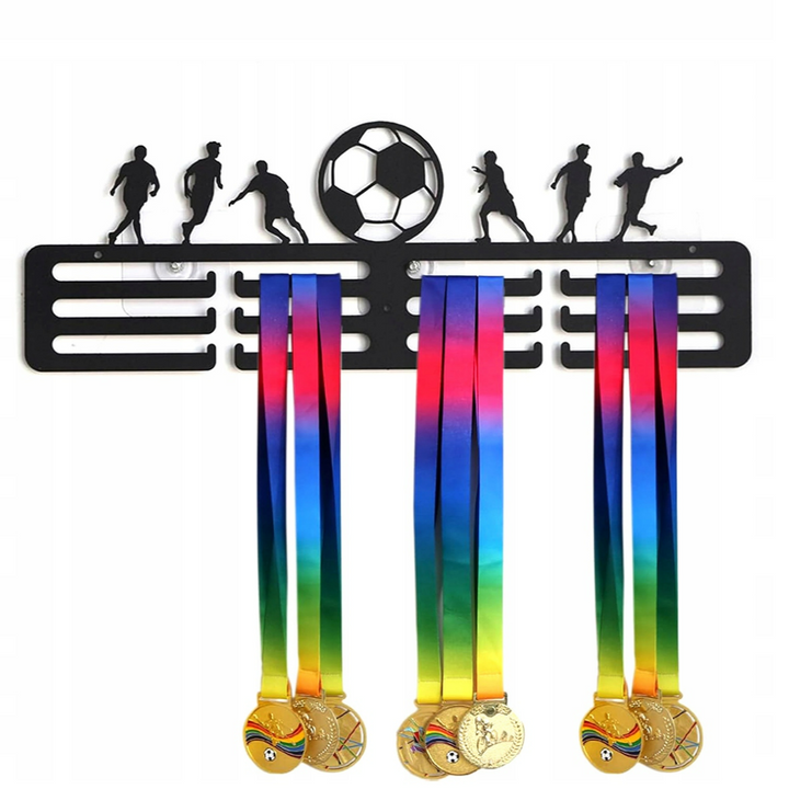 Suport pentru organizarea si expunerea medaliilor, Zola, model fotbal, cu 12 spatii, montare pe perete, metal, 40 x 15 cm, negru