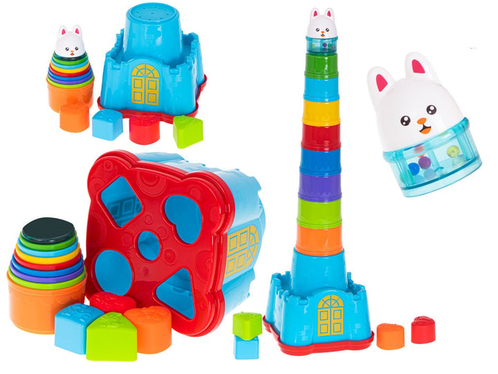 Joc educativ pentru copii, Zola,galetusa si piramida multicolora, marimi diferite, din plastic, 14 piese, inaltime totala 58 cm