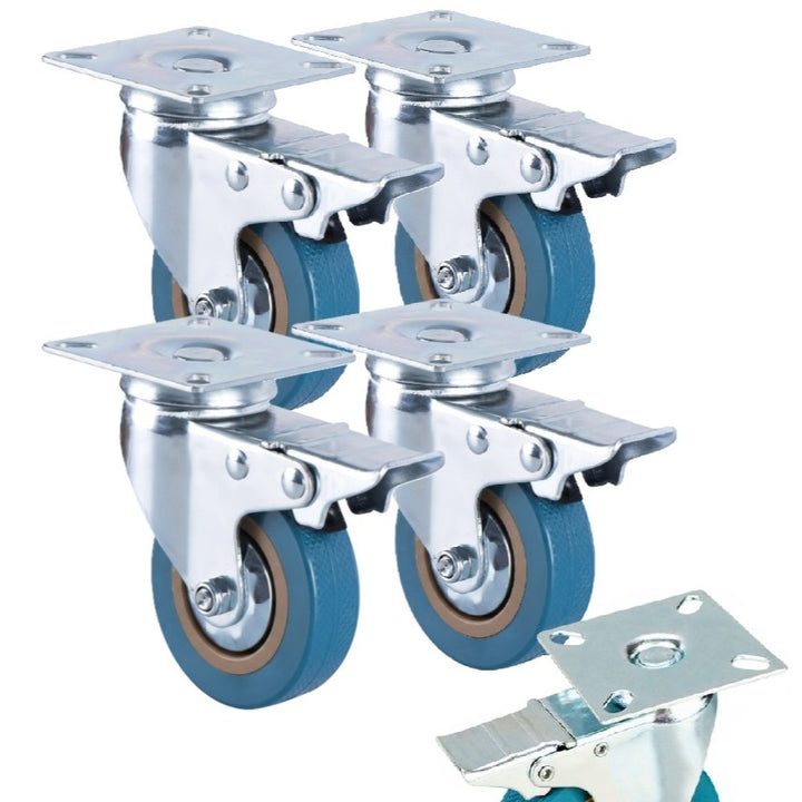 Set 4 roti pivotante cu frana si placa, 100 x 25 mm, Zola, pentru mobilier si carucioare, rotatie 360°, cauciuc tehnic silentios, otel galvanizat, albastru