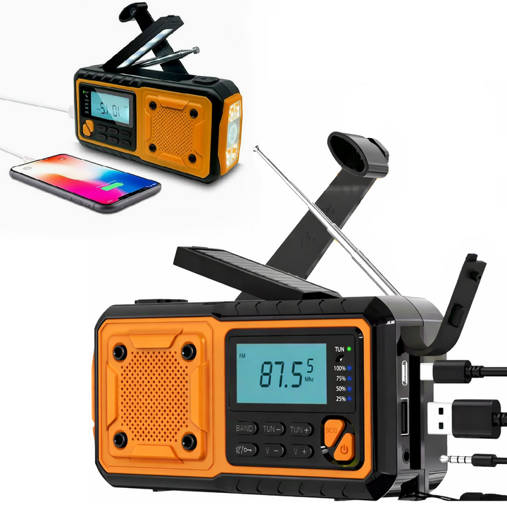 Radio multifunctional portabil, Zola, 5000 mAh, AM/FM/SW, lanterna, SOS, powerbank, incarcare solara/manuala/USB, port USB-C, mini-jack 3.5 mm, 16 x 7.5 x 6 cm, portocaliu/negru