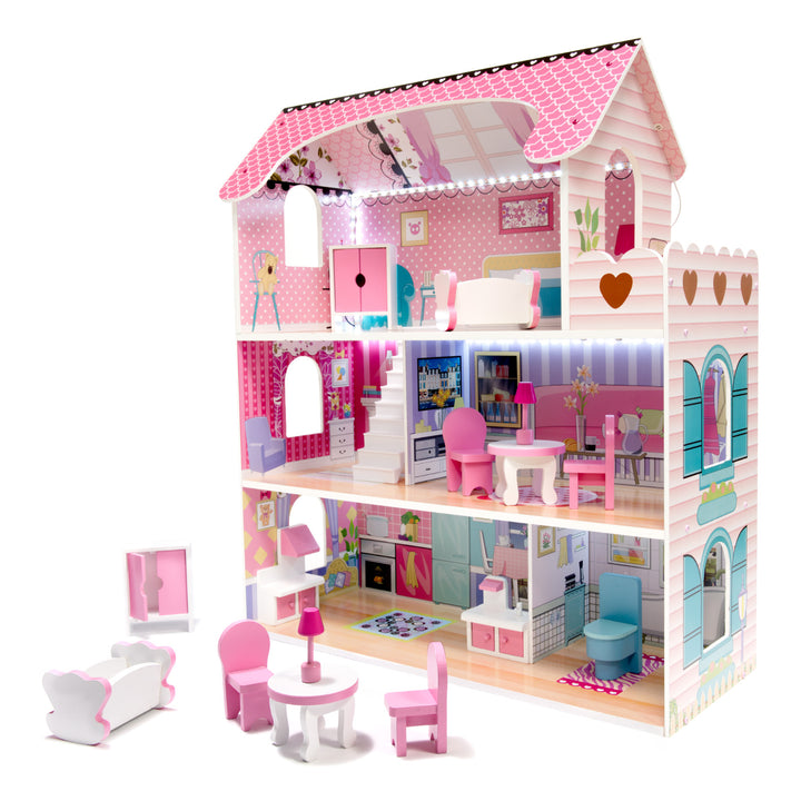 Casuta de papusi din lemn cu lumini, Zola®, 5 camere, complet utilata, 3 etaje, roz, 62 x 27 x 70 cm