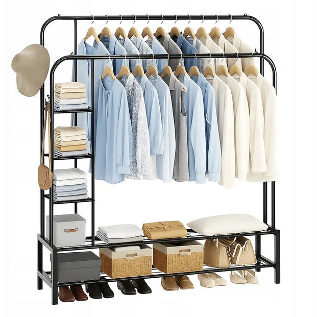 Suport dublu pentru umerase si incaltaminte, Zola, 2 rafturi, 3 polite, 4 carlige, din otel, 110 x 55 x 160 cm, negru