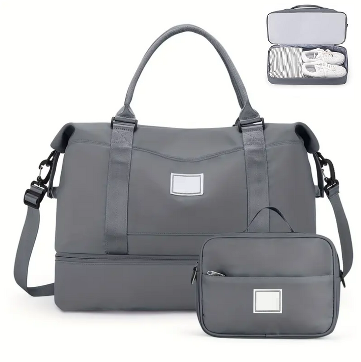 Set geanta de voiaj/sport si borseta, Zola, compartiment incaltaminte, dimensiuni 50 x 25 x 35 cm / 16.5 x 7.5 x 6.5 cm, fixare pe troler, impermeabile, material Oxford, gri
