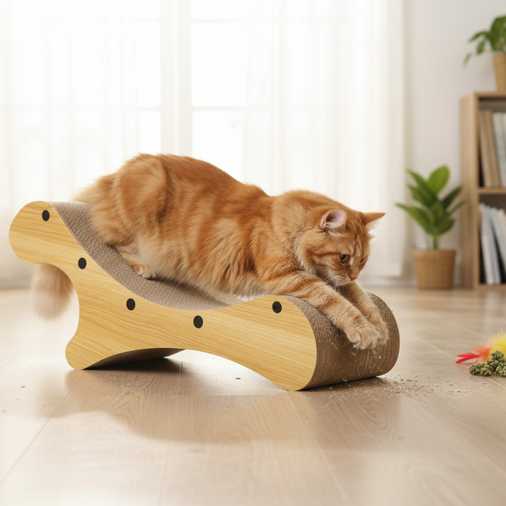 Suport pentru ascutit ghearele, Zola, forma fotoliu, carton ondulat, MDF, 59 × 23.5 × 24.5 cm, maro