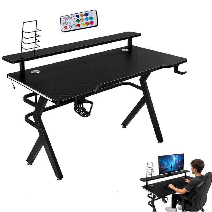 Birou gaming, Zola, 120 x 60 cm, iluminare LED RGB cu telecomanda, polita monitor, suport pahar si casti, 70 kg, negru