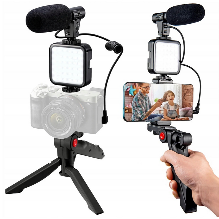Kit vlogging / streaming, Zola, microfon, trepied, lampa LED, telecomanda Bluetooth, suport telefon, plastic, negru