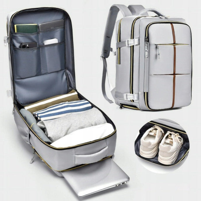 Rucsac de calatorie, Zola, 4 compartimente, spatiu pentru laptop 17'', buzunare multiple de organizare, port USB, compartiment tip troler, curele reglabile, impermeabil, 42x21x28 cm, gri deschis