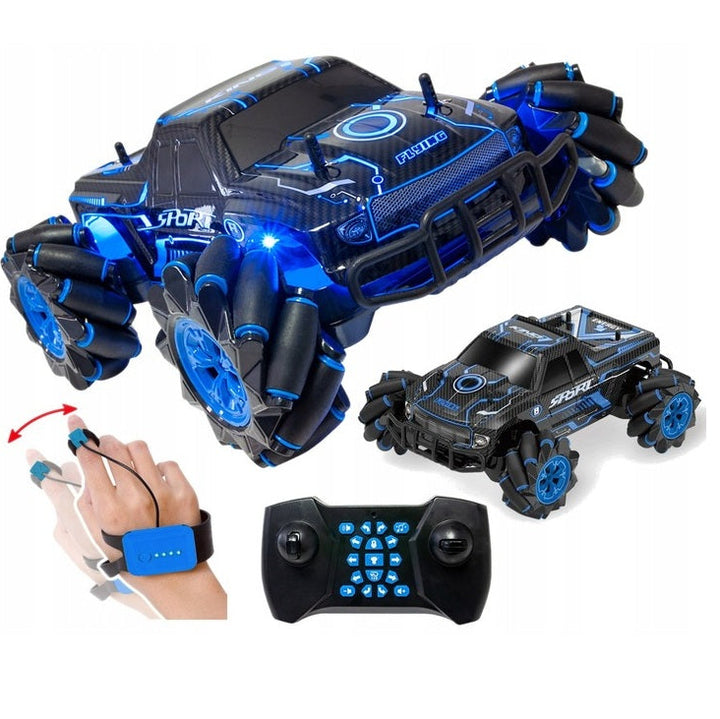 Masina off-road 4x4 cu telecomanda si control prin gesturi, Zola, functie drift, 20 km/h, roti cu role, efecte luminoase si sonore, 27 x 22 x 13 cm, negru/albastru