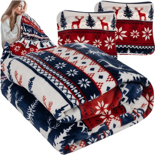 Set patura groasa si 2 fete de perna, Zola, dimensiune 160 x 200 cm/ 40 x 40 cm, 330 g/m2, spalare la masina 30°C, alb cu model