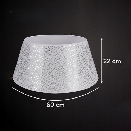 Husa decorativa pentru suport brad, Zola, 60 cm, universala, fixare velcro, alb cu paiete argintii