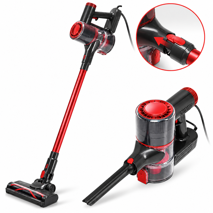 Aspirator vertical cu fir 2 in 1, Zola, 400W, 13 kPa, fara sac, rezervor 0.8 L, filtru HEPA, perie cu LED, aspirator de mana, negru/rosu