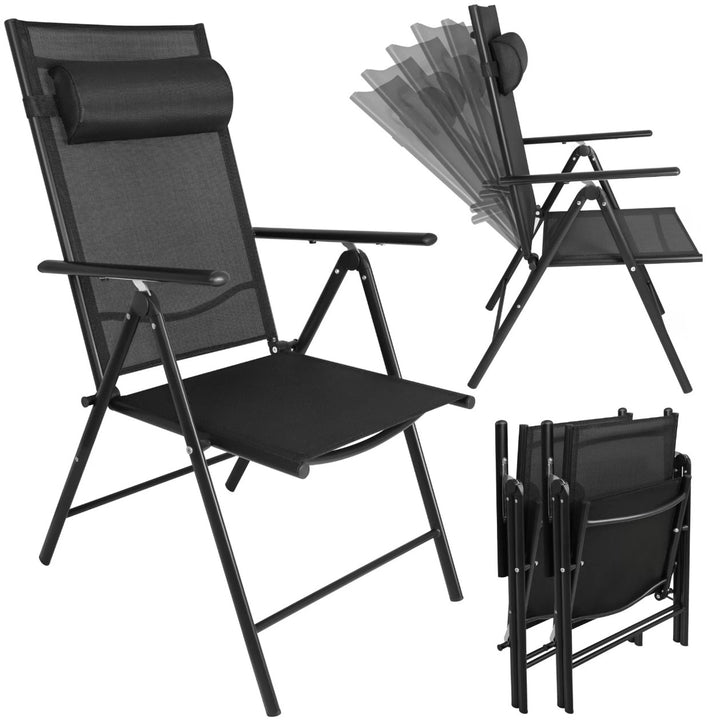 Set 2 scaune pliabile gradina, Zola, spatar reglabil, tetiere, textilena, suporta 120 kg, cadru otel, negru