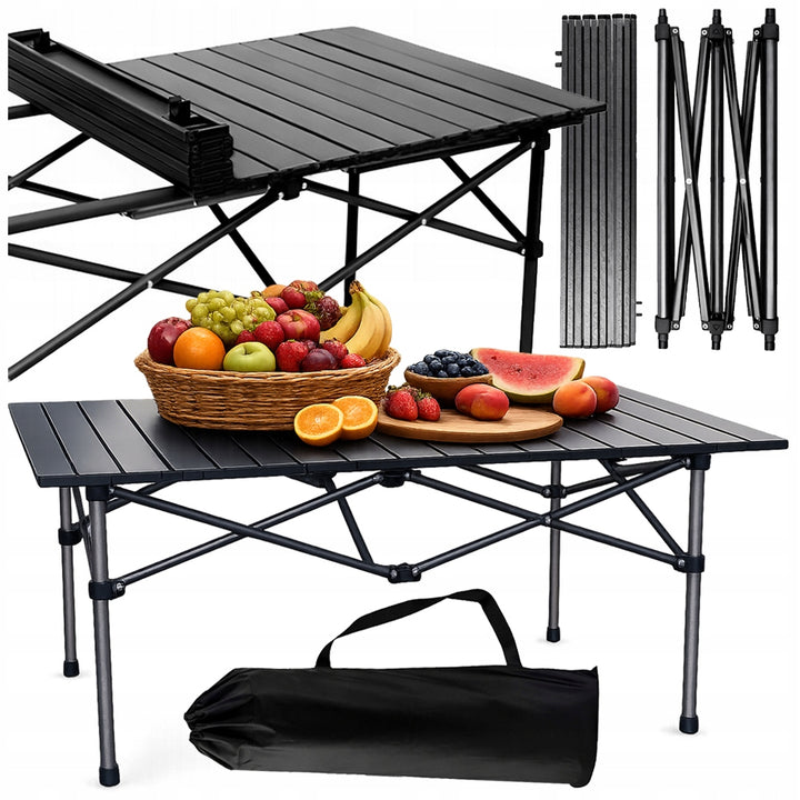 Masa turistica pliabila, cu cadru din aluminiu, Zola, impermeabila, pentru camping, gradina si calatorii, cu picioare antiderapante si geanta de transport, 95 x 55 x 50 cm, neagra