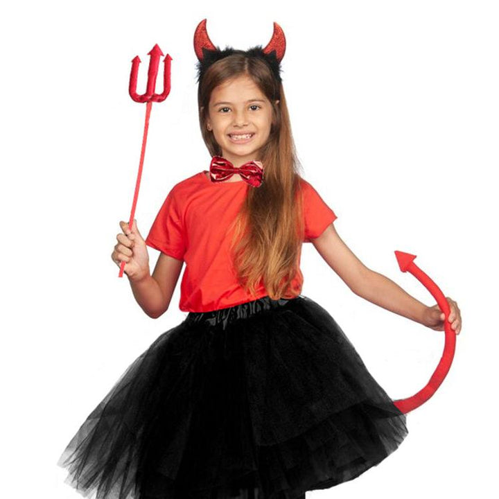 Set dracusor Halloween, Zola®, pentru copii, 5 piese, coarne, coada, papion, fruca si fustita, inaltime 138-152 cm