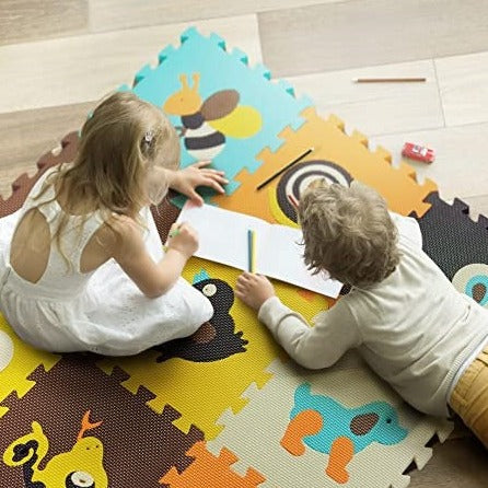 Covoras puzzle din spuma, pentru copii, Zola®, 9 bucati, 85x85x1 cm, amortizeaza caderile, impermeabil, multicolor