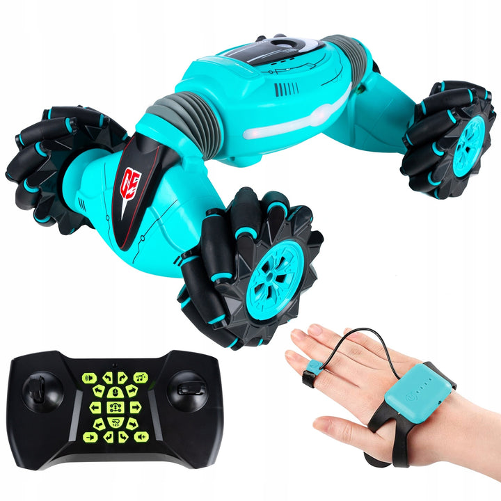Masinuta cu telecomanda si control prin gesturi, Zola, 4x4, functie drift, cascadorii, 20 km/h, roti cu role, efecte luminoase si sonore, 35 x 21 x 8.5 cm, turcoaz