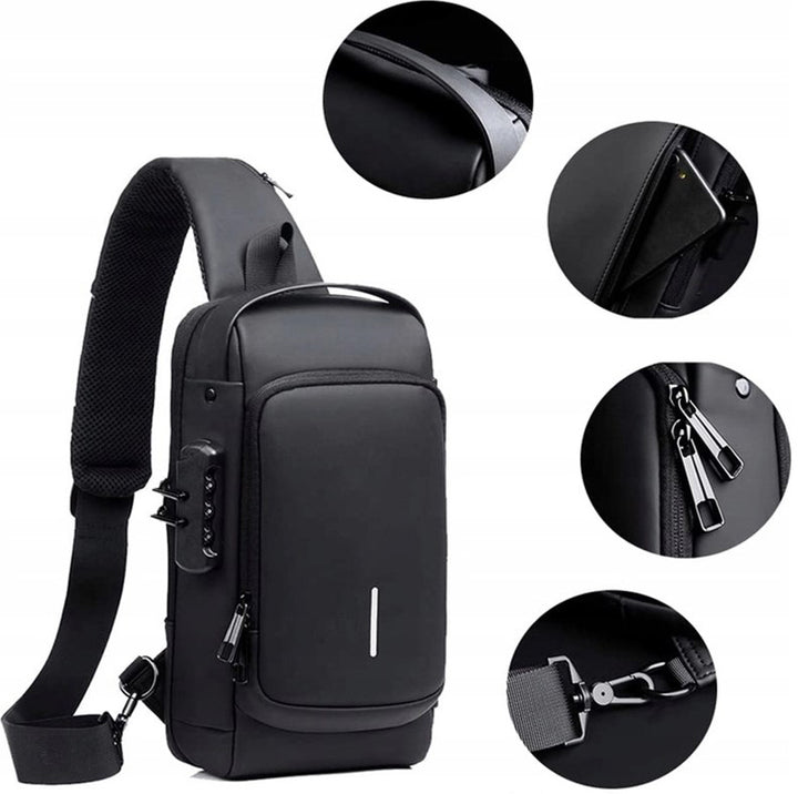 Geanta de umar pentru barbati casual, Zola, prelungitor incarcare USB, lacat cu cifru, 32x21x9 cm, neagra