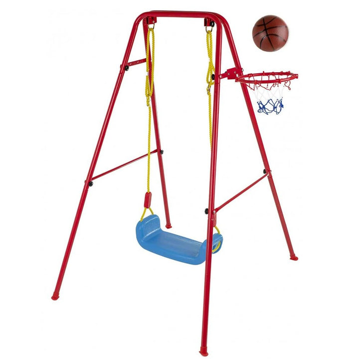 Leagan de gradina pentru copii cu cos de baschet, Zola, sarcina maxima suportata 80 kg, cadru metalic, dimensiuni leagan 90 x 100 x 130 cm, diametru cos 24.5 cm, plasa, minge gonflabila, pompa, accesorii montare incluse