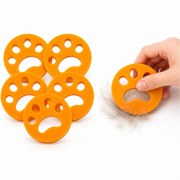 Set 5 captatoare scame si par animale,  Zola®,  forma labuta, silicon, diametru 7 cm, portocaliu