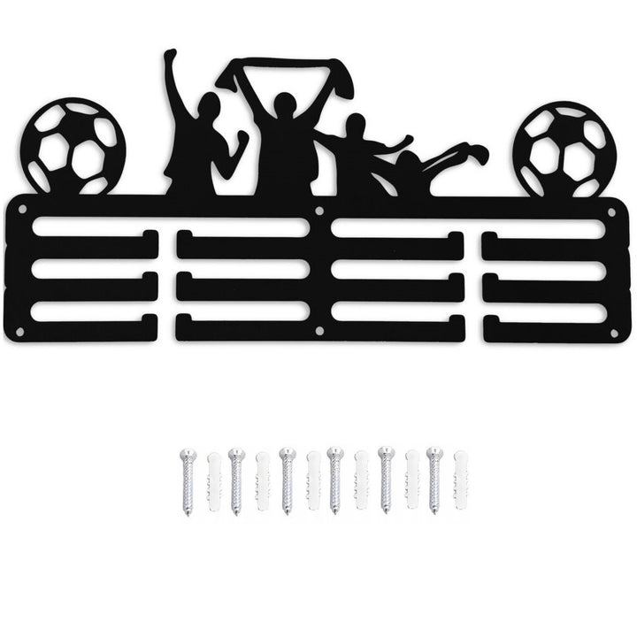 Suport pentru organizarea si expunerea medaliilor, Zola, model fotbal, cu 12 spatii, montare pe perete, metal, 29 x 13 cm, negru