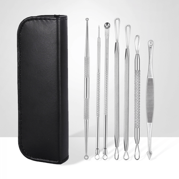 Trusa 7 instrumentre, Zola®, din inox, pentru cosmetica, extractia comedoanelor si a punctelor negre, trusa depozitare negra