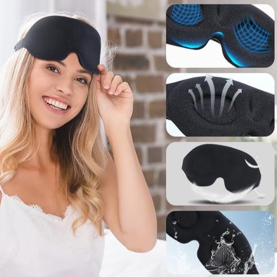 Masca de dormit si doape de urechi, Zola, cu caneluri 3D pentru ochi, ajustabila, prindere velcro, saculet depozitare, cutie depozitare doape, neagra