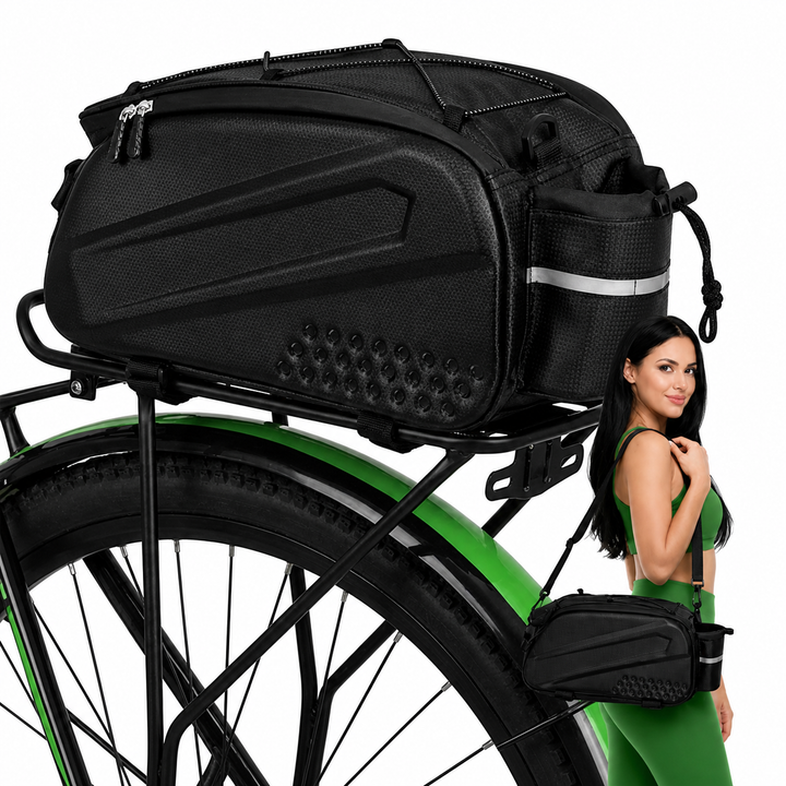 Geanta portbagaj bicicleta, Zola, 10 L, impermeabila, fixare velcro, curea umar detasabila, elemente reflectorizante, 39 x 20 x 15 cm, neagra