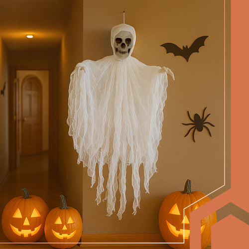 Decoratiune schelet halloween, Zola, agatatoare, 70 x 60 cm, alb