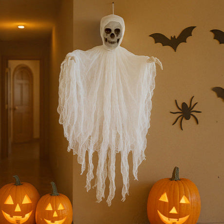Decoratiune schelet halloween, Zola, agatatoare, 70 x 60 cm, alb